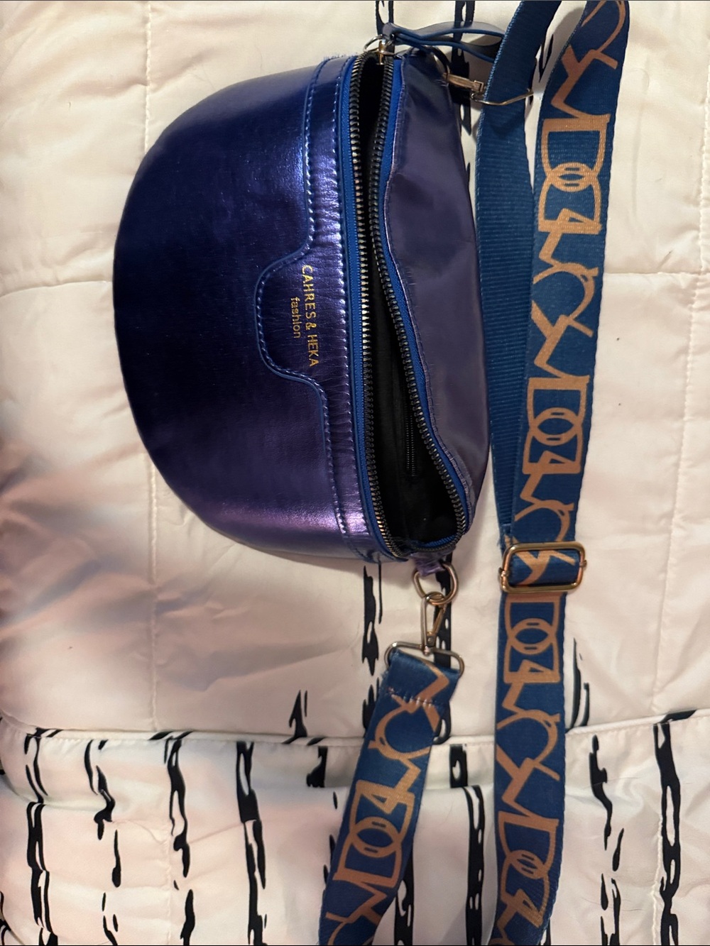 Cahres & Heka Shimmery Purple Crossbody with Patterned Blue Strap
